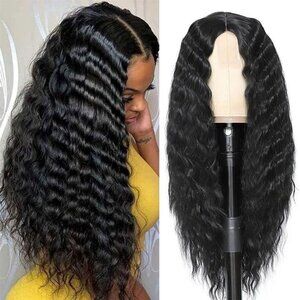 28 Inch Long Curly Synthetic Hair Wigs for Women Black Lace Front Wig Synthetic
